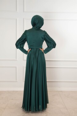 Zümrüt Drapeli Ve Taş Detaylı Şifon Abiye Elbise