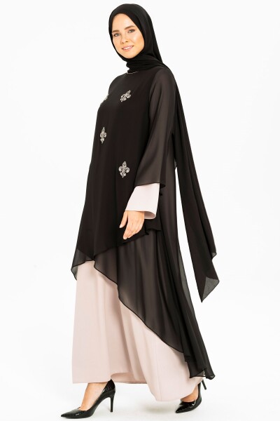 Bej / Siyah Ta�ş Ve Şifon Detaylı Abiye Elbise