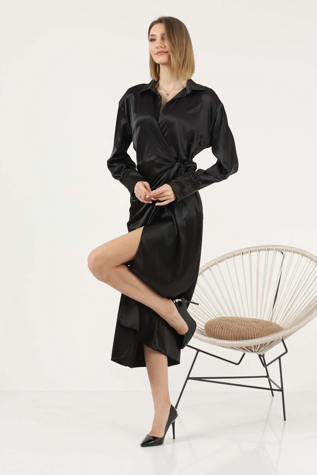 Evaqa Siyah Saten Yandan Bağlamalı Gömlek Yaka Midi Elbise