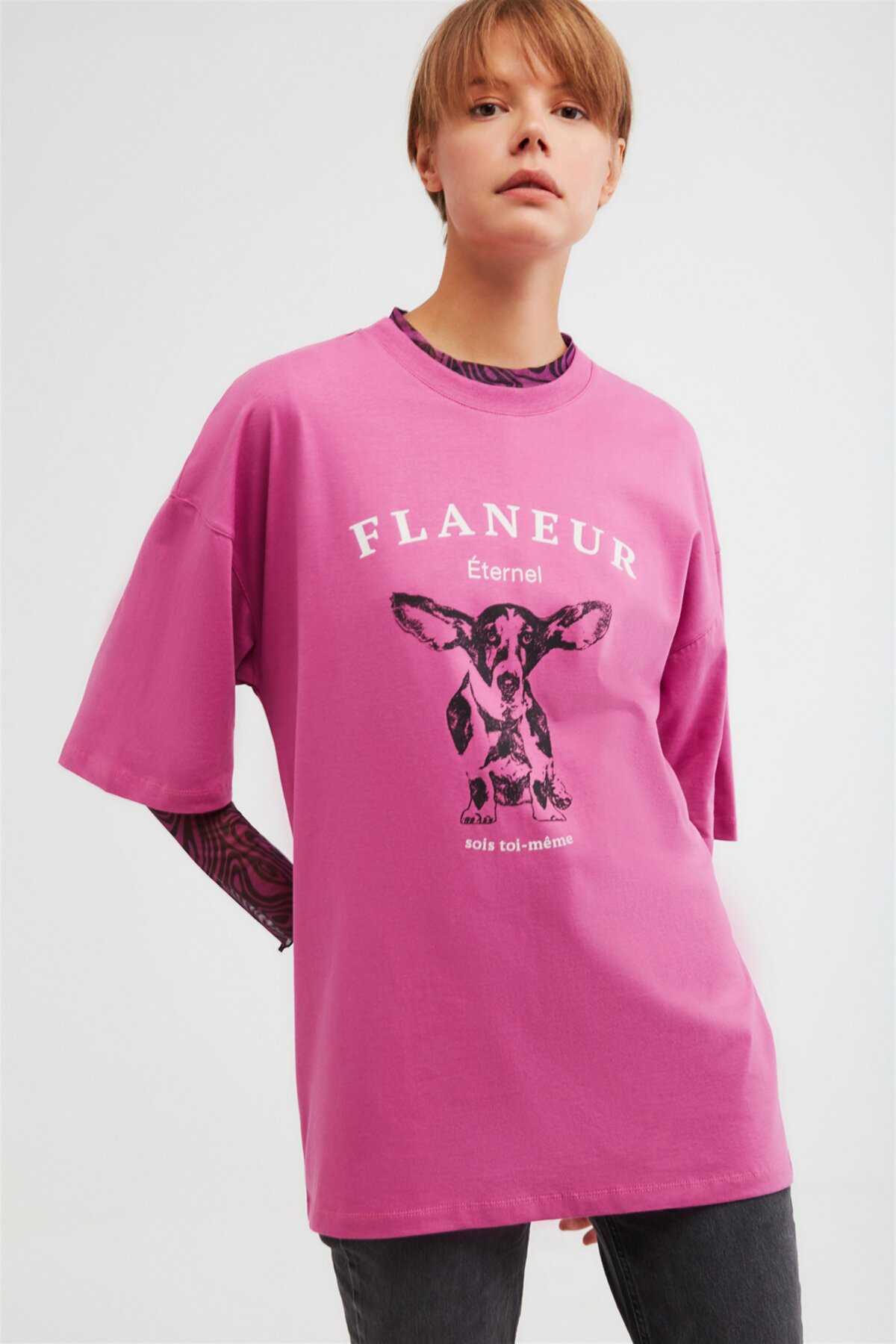 GRIMELANGE Pembe Flaneur Örme Oversize T-shirt