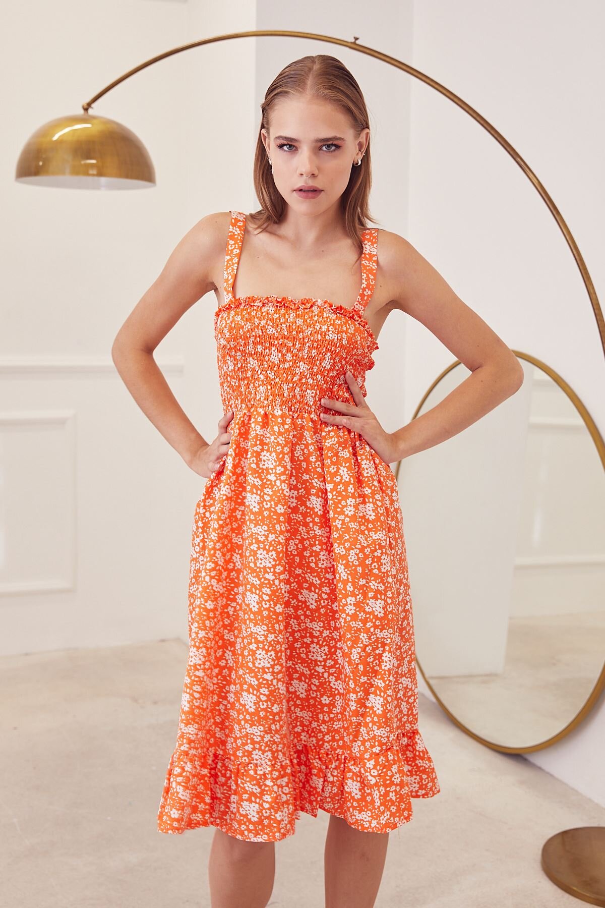 huhu Askılı Oranj Desenli Poplin Midi Elbise