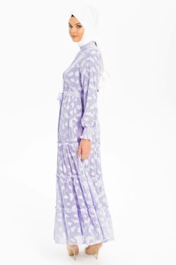 Lila Nervürlü Yaprak Baskılı Şifon Elbise
