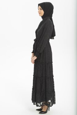 Siyah Nervürlü Yaprak Baskılı Şifon Elbise