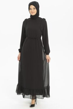 Siyah Şifon Detaylı Elbise
