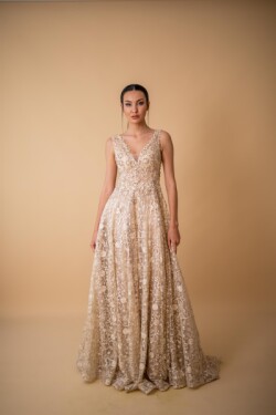 Gold Çift Askılı Derin V Yaka Desenli Helen Uzun Abiye Elbise
