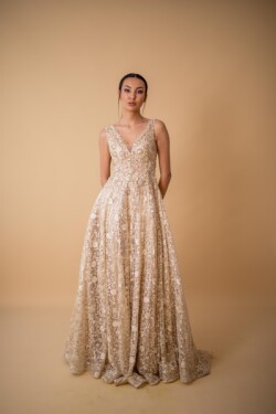 Gold Çift Askılı Derin V Yaka Desenli Helen Uzun Abiye Elbise
