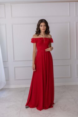 Kırmızı Straplez Fırfırlı Düşük Kol Simli Helen Uzun Abiye Elbise