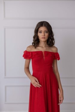 Kırmızı Straplez Fırfırlı Düşük Kol Simli Helen Uzun Abiye Elbise
