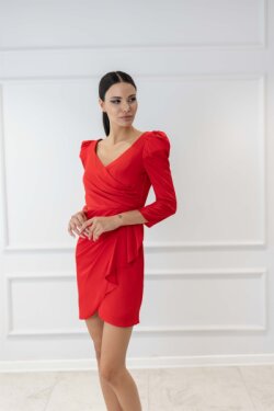 Kırmızı V Yaka Yarım Kol Fırfırlı Saten Mini Abiye Elbise