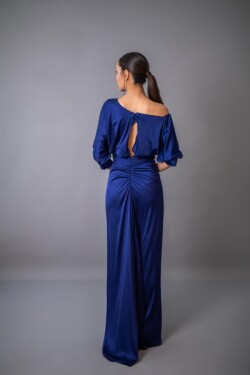 Sax Mavi Uzun Kollu Yaka Ve Sırt Detaylı Yırtmaçlı Abiye Elbise
