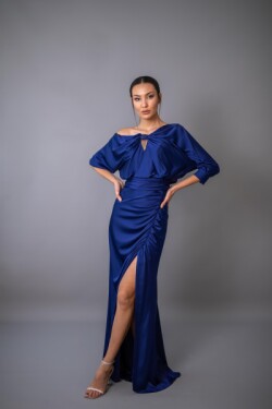 Sax Mavi Uzun Kollu Yaka Ve Sırt Detaylı Yırtmaçlı Abiye Elbise