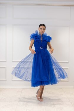 Sax Mavi Yaka Fırfır Detaylı Kemerli Tül Midi Abiye Elbise