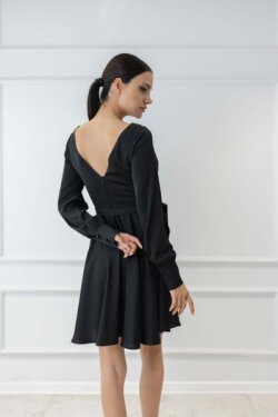 Siyah V Yaka Uzun Kollu Kemerli Saten Mini Abiye Elbise