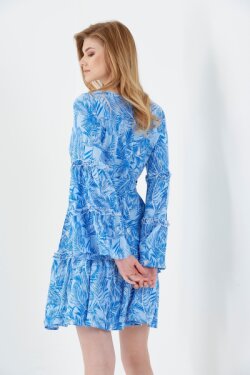 Mavi V Yaka Kolları Volanlı Kuşaklı Mini Elbise