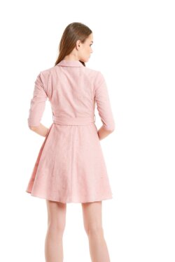 Pembe Truvakar Kol Kruvaze Yaka Eteği Kemerli Mini Kloş Elbise