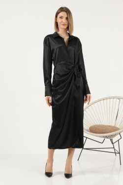 Siyah Saten Yandan Bağlamalı Gömlek Yaka Midi Elbise