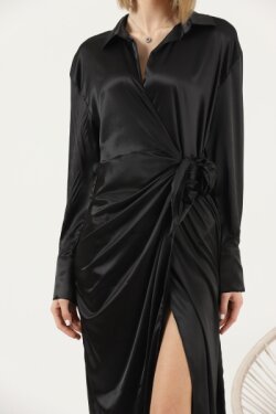 Siyah Saten Yandan Bağlamalı Gömlek Yaka Midi Elbise