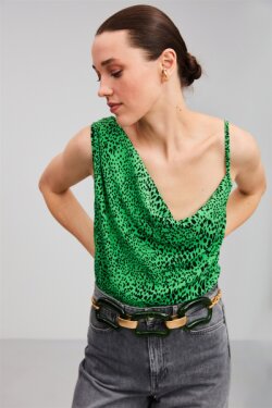 Askılı Yeşil Carey Dokuma Loose Fit Bluz