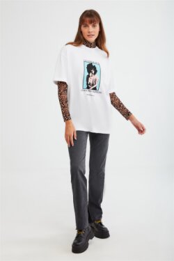 Beyaz Melville Örme Oversize T-shirt