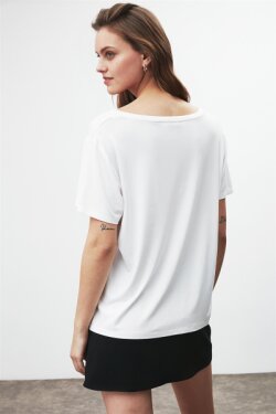 Beyaz Violet Örme Comfort Fit T-shirt