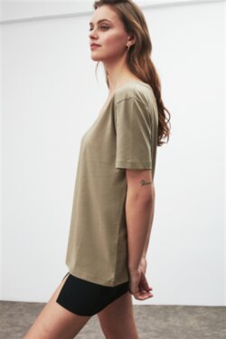 Haki Paisley Örme Comfort Fit T-shirt