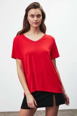 Kırmızı Violet Örme Comfort Fit T-shirt