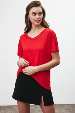 Kırmızı Violet Örme Comfort Fit T-shirt