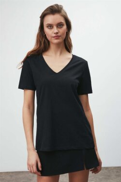 Siyah Violet Örme Comfort Fit T-shirt