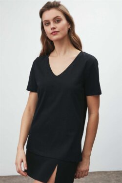 Siyah Violet Örme Comfort Fit T-shirt