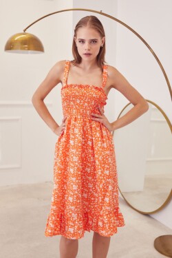 Askılı Oranj Desenli Poplin Midi Elbise