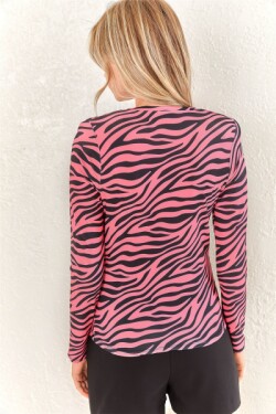 Fuşya Çiçek Desenli V Yaka Vatkalı Bluz