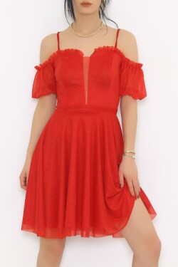 Askılı Kırmızı Yakası Fırfırlı Mini Abiye Elbise