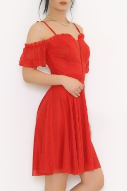 Askılı Kırmızı Yakası Fırfırlı Mini Abiye Elbise