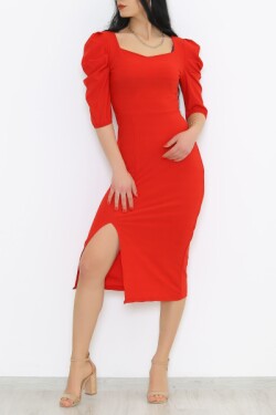 Kırmızı Kare Yaka Midi Elbise
