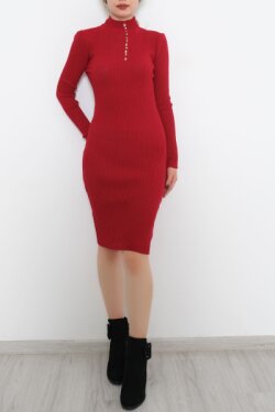 Kırmızı Önü Taş Detaylı Midi Elbise