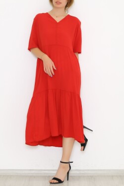 Kırmızı V Yaka Uzun Elbise