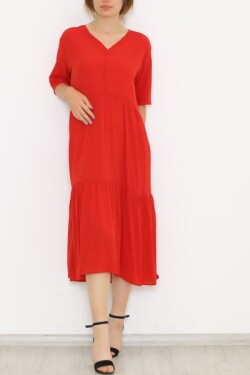 Kırmızı V Yaka Uzun Elbise