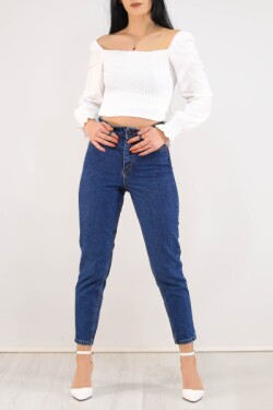 Koyu Mavi Contalı Mom Jeans