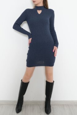 Lacivert Yarım Balıkçı Dekolteli Mini Elbise