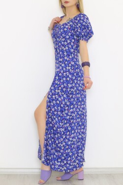 Mavi Çiçekli Yırtmaçlı Uzun Elbise