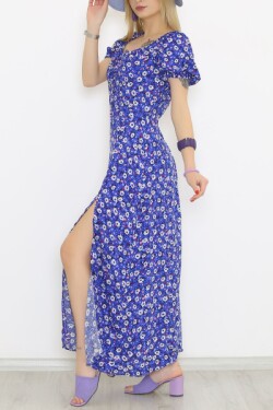 Mavi Çiçekli Yırtmaçlı Uzun Elbise