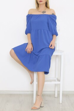Mavi Kayık Yaka Midi Elbise