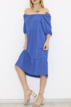 Mavi Kayık Yaka Midi Elbise