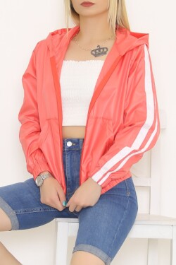 Pembe Kol Şeritli Kapşonlu Mont