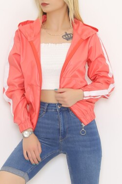 Pembe Kol Şeritli Kapşonlu Mont