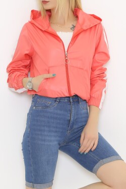 Pembe Kol Şeritli Kapşonlu Mont