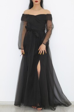 Siyah Bağcıklı Balon Kol Uzun Abiye Elbise