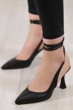 Siyah Deri 7cm Topuklu Ayakkabı