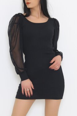 Siyah Kol Tüllü Mini Elbise