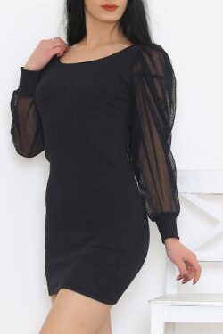 Siyah Kol Tüllü Mini Elbise